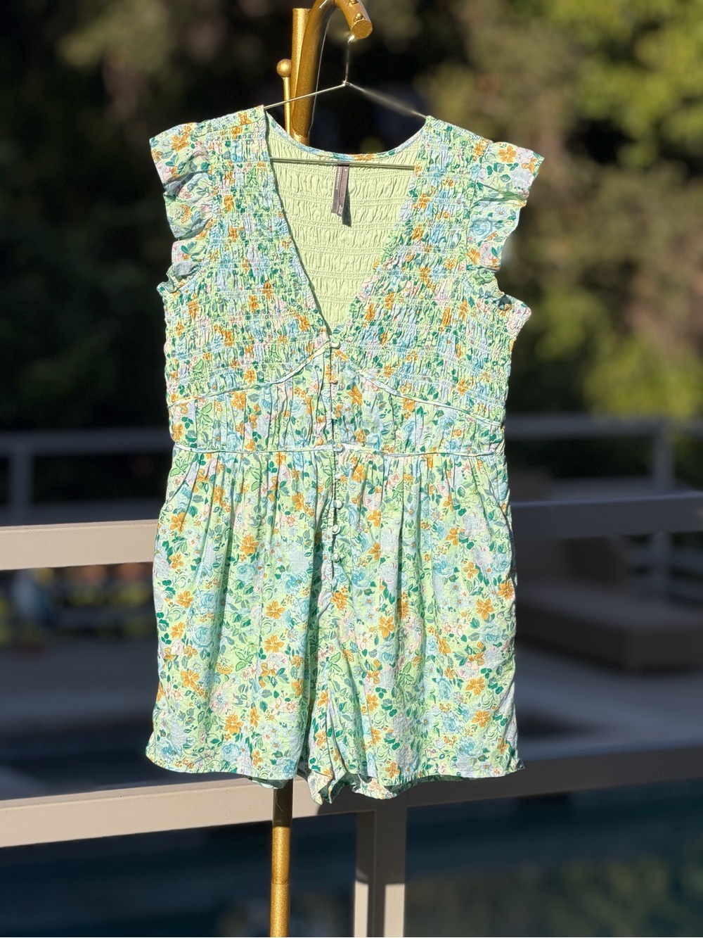 Anthropologie Mint Green Floral Smocked V-Neck Romper